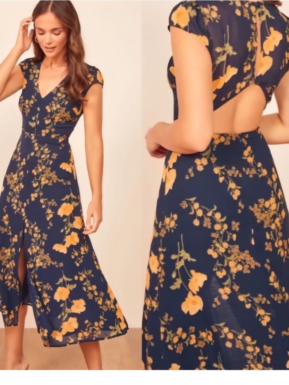 Reformation Wellfleet Dress Bernadette Navy Floral Midi Open Back Size 12